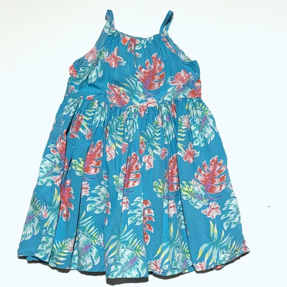 OshKosh B'gosh‎ Tropical Floral Sundress Girls 3T Blue Pink Ruffle Trim Vacation